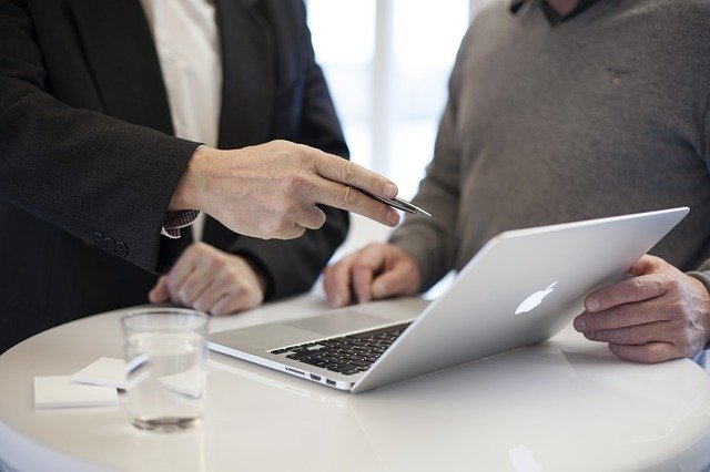 Consultant pointing to something on a laptop