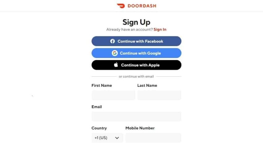 doordash sign up page
