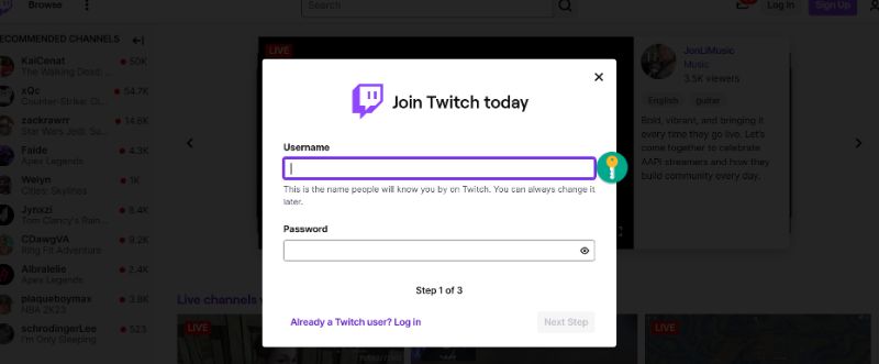 Sign up for Twitch 